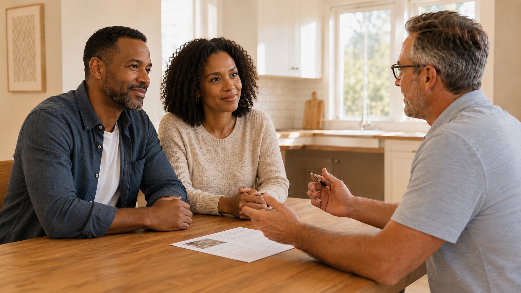A couple reviewing their options with a We Help Houses advisor